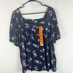 Lucky Brand Size XXL Peasant Top Boho Floral Navy Square Neck Short Sleeve